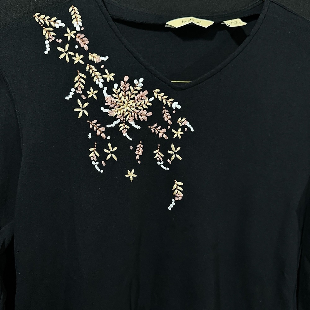 Vintage Bechamel Women's Black Embroidered Cotton Top Long Sleeve Size Large‎